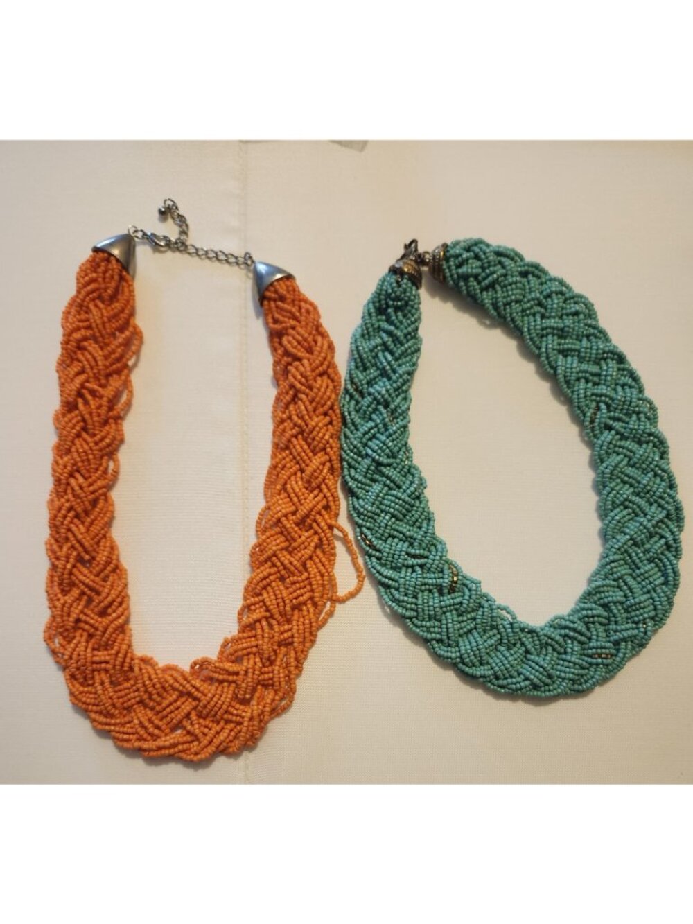 Lot of 2 Bold Statement Necklaces Braided Beads Orange Turquoise - Picture 2 of 6